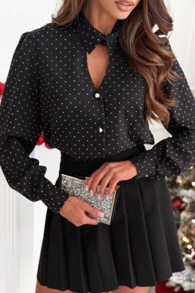Button Down Rhinestone Decor Long Sleeve Shirt for Women