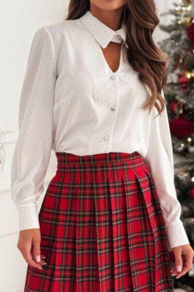 Button Down Rhinestone Decor Long Sleeve Shirt for Women